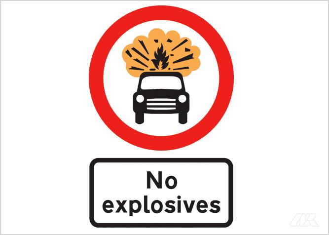 Instructional sign shows car emitting an explosive burst with the words 'No explosives'